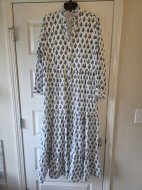Saule Parc Block Print Blue Blossom Long Sleeve Tiered Maxi Dress Size L